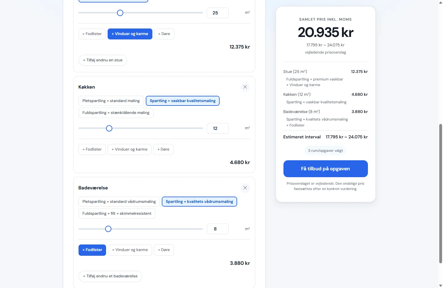 Tilbudsberegneren med tre rum udfyldt og samlet pris på 20.935 kr